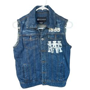 Rocawear Jean Vest Mens Medium Cotton Y2K Raw Hem Button Up Denim Logo